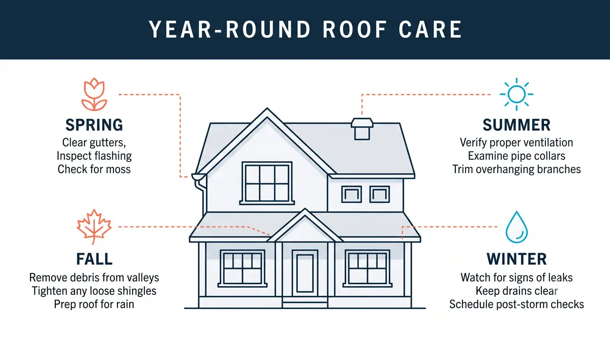 Year-round roof care infographic showing seasonal maintenance tasks for spring, summer, fall, and winter around a two-story home illustration.