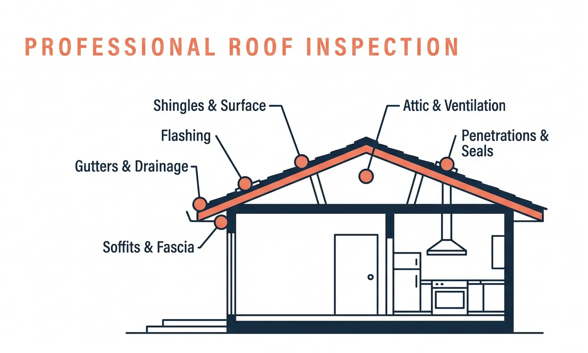 Labeled cross-section diagram of a residential roof identifying the six components covered in a professional roof inspection: shingles and surface, flashing, gutters and drainage, soffits and fascia, attic and ventilation, and penetrations and seals.