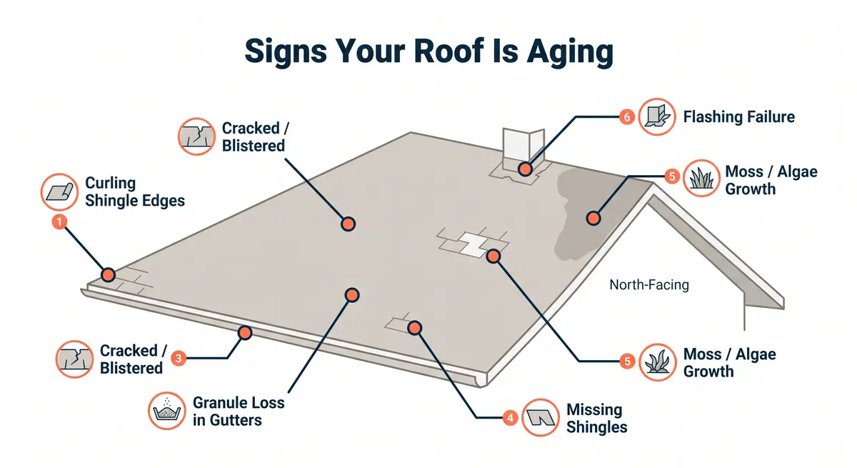 Annotated isometric roof diagram titled "Signs Your Roof Is Aging" identifying six deterioration indicators: curling shingle edges, cracked and blistered shingles, granule loss in gutters, missing shingles, moss and algae growth on the north-facing slope, and flashing failure at a roof penetration.