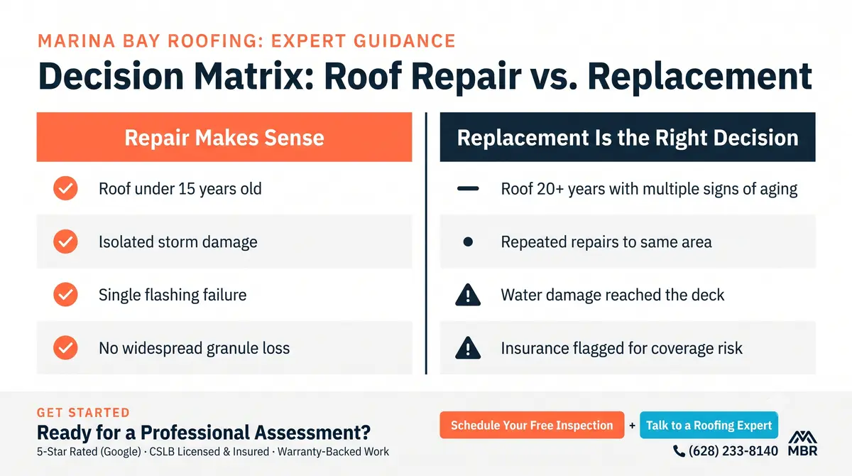 Decision matrix titled "Roof Repair vs. Replacement" comparing four conditions that favor repair — roof under 15 years old, isolated storm damage, single flashing failure, no widespread granule loss — against four conditions that indicate replacement is the right decision, including roof age over 20 years and water damage reaching the deck.