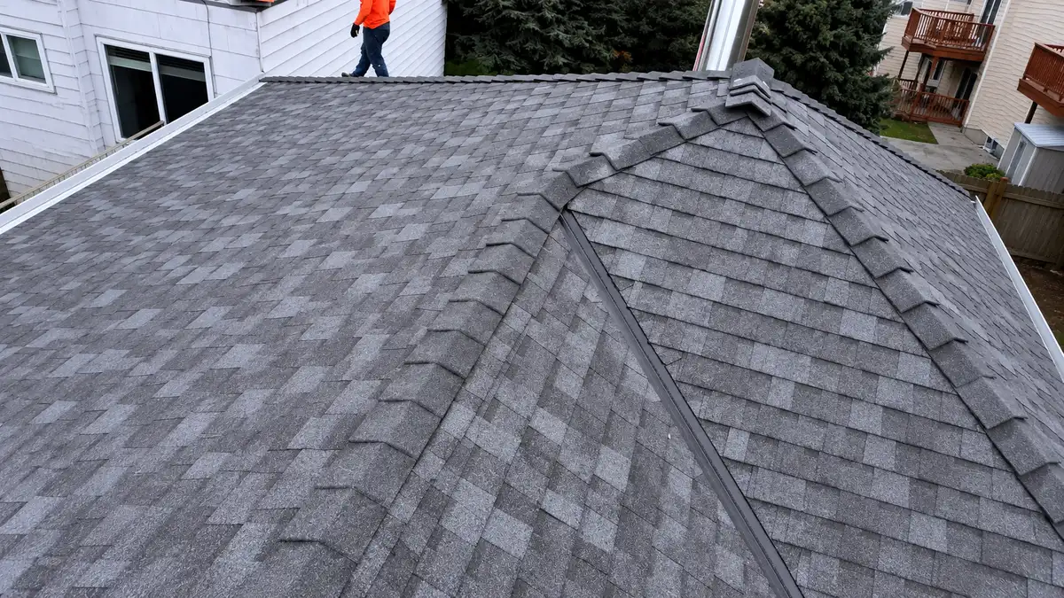 Marina Bay Roofing crew member in an orange jacket walking the ridge line of a freshly installed dimensional asphalt shingle roof, showing clean hip and valley intersections and a properly installed metal drip edge on a Marin County residential home.
