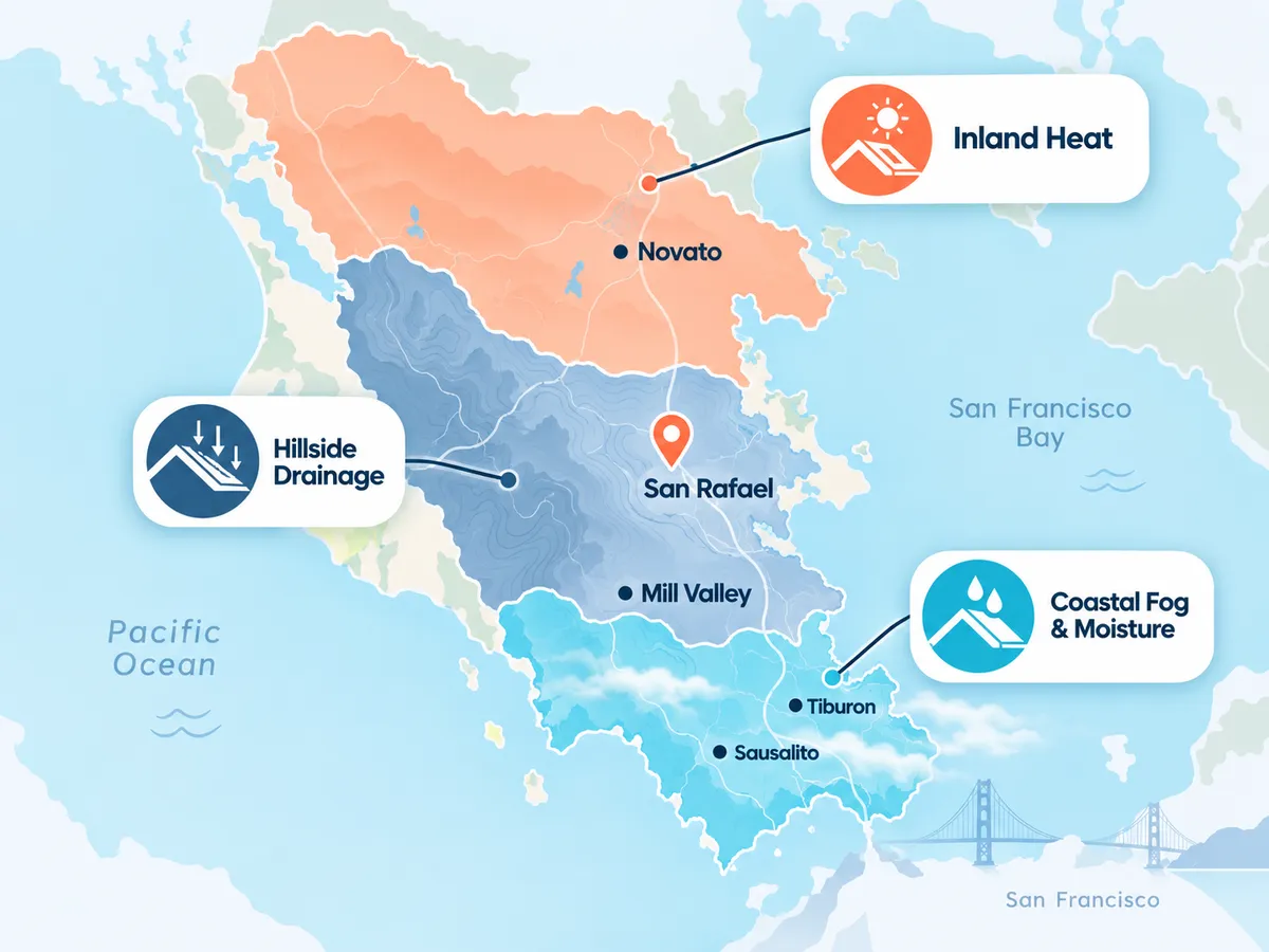 Map of Marin County showing inland heat around Novato, hillside drainage around San Rafael and Mill Valley, and coastal fog and moisture near Tiburon and Sausalito.
