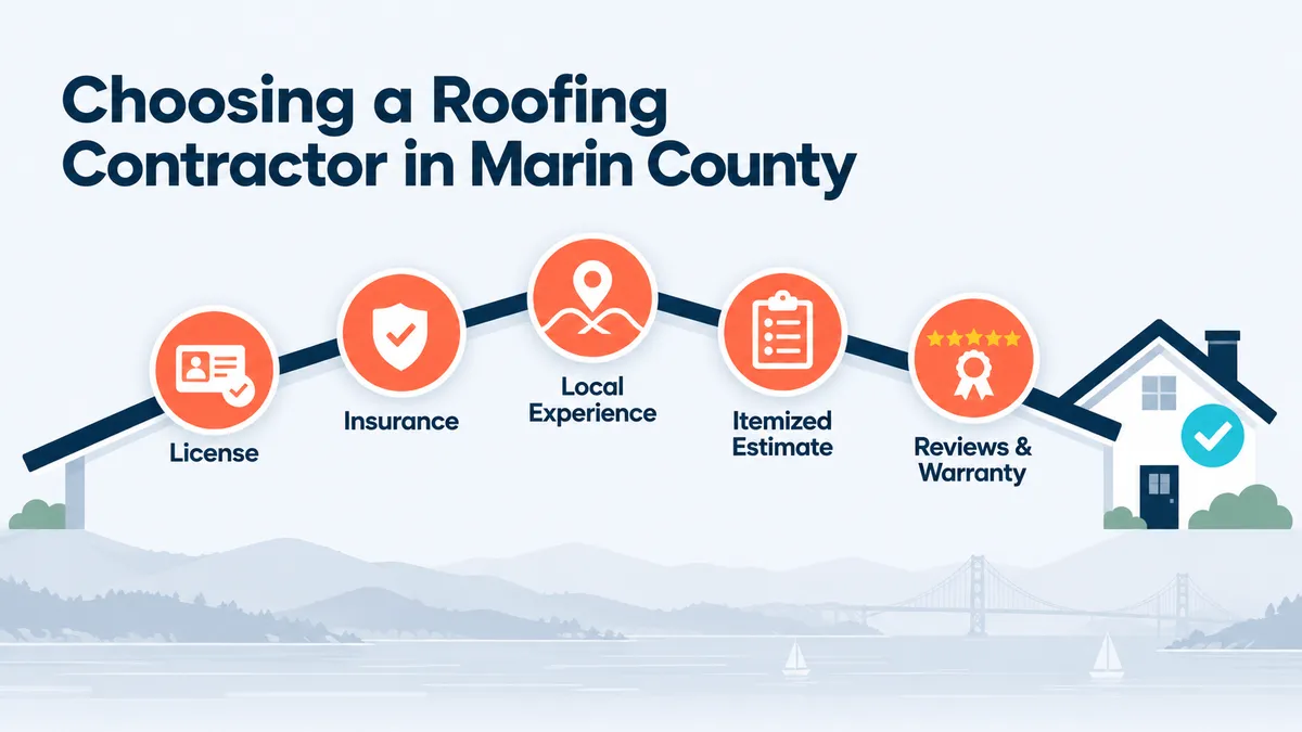 Five-step infographic for choosing a roofing contractor in Marin County: verify the license, confirm insurance, check local experience, compare itemized estimates, and review ratings and warranty terms.