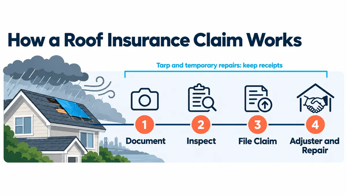 Four-step roof insurance claim process: document damage, inspect the roof, file the claim, then meet the adjuster and repair.