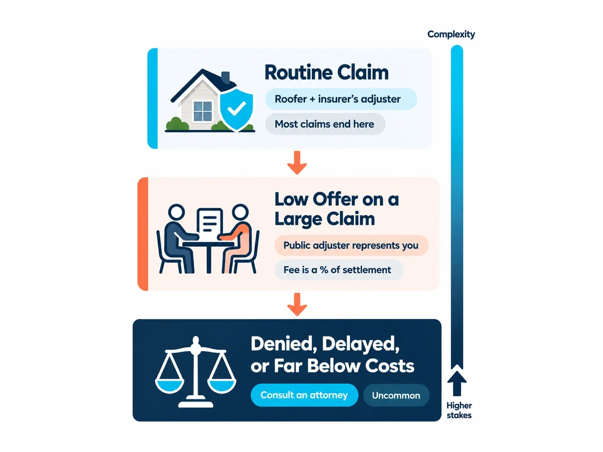 Three-tier guide showing when to handle a roof claim directly, hire a public adjuster, or consult an attorney.