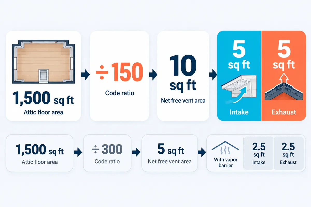 Infographic: 1,500 sq ft of attic floor divided by 150 equals 10 sq ft of vent area, split 5 intake and 5 exhaust; the 1-to-300 option equals 5 sq ft