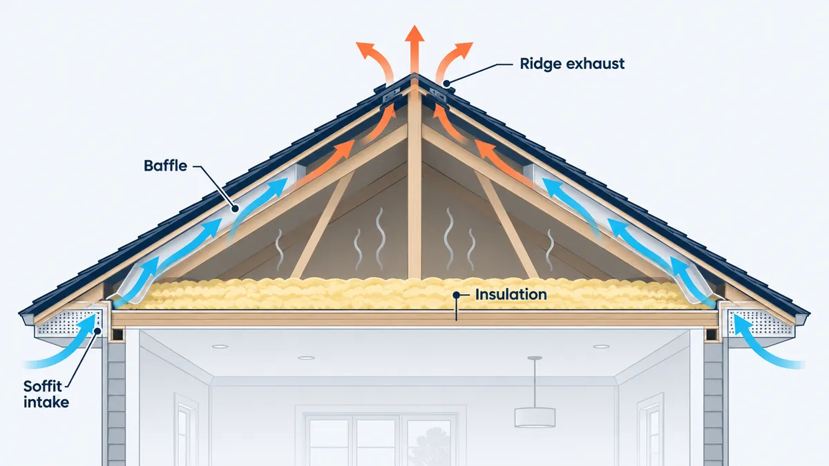 Attic cross-section showing cool air entering soffit vents, passing through baffles over insulation, and warm air exiting a ridge vent.