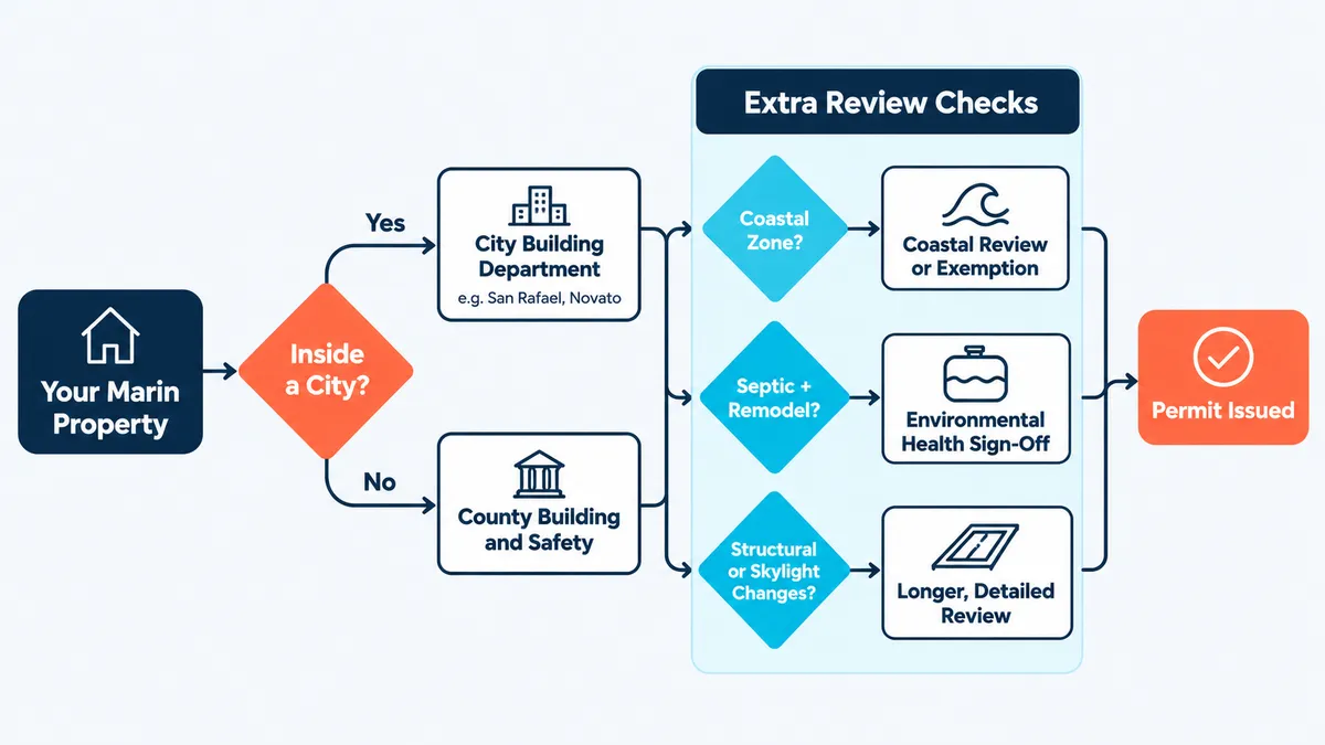 Flowchart showing how a Marin County reroof permit is routed: properties inside a city go to that city’s building department, others go to County Building and Safety, then coastal zone, septic, and structural or skylight checks determine whether extra review applies.