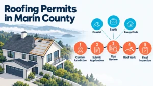 Infographic of a Marin County home mid-reroof beside the five roofing permit steps: confirm jurisdiction, submit application, plan review, roof work, and final inspection, with possible coastal, septic, and energy code reviews.