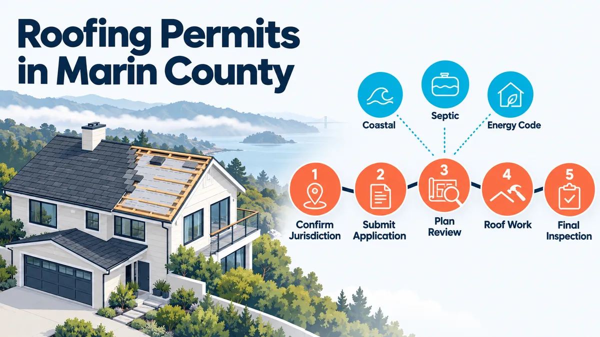 Infographic of a Marin County home mid-reroof beside the five roofing permit steps: confirm jurisdiction, submit application, plan review, roof work, and final inspection, with possible coastal, septic, and energy code reviews.